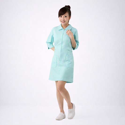 N101水青圓領前拉鍊護理師裙裝