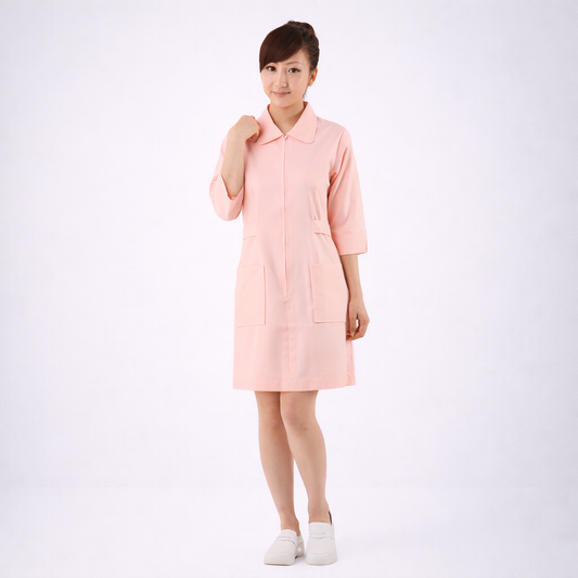 N101粉桔圓領前拉鍊護理師裙裝