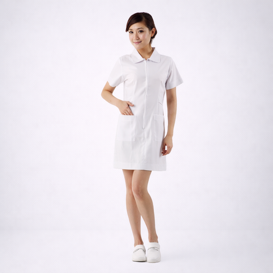 N101白色圓領前拉鍊護理師裙裝