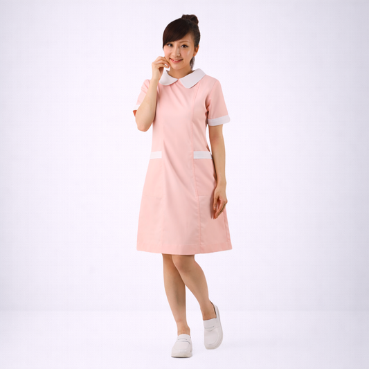 N103粉桔圓領後拉鍊護理師裙裝