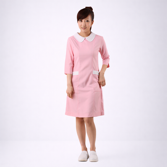 N103粉紅圓領後拉鍊護理師裙裝