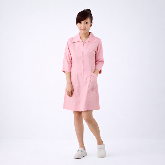 N117粉紅尖領前拉鍊護理師裙裝