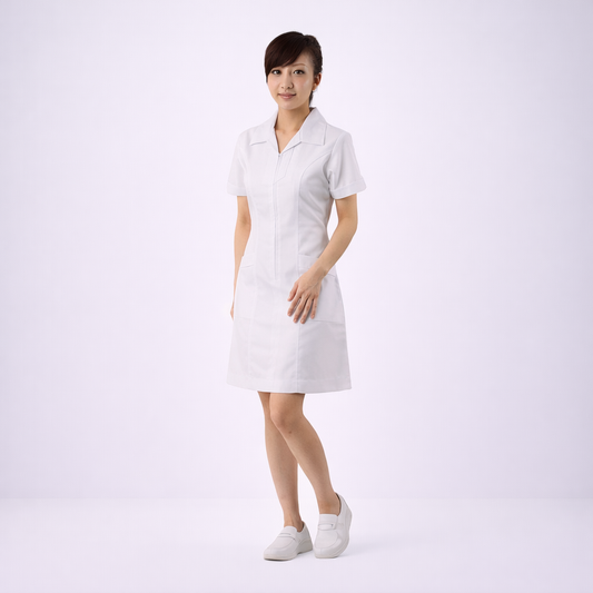 N117白色尖領前拉鍊護理師裙裝