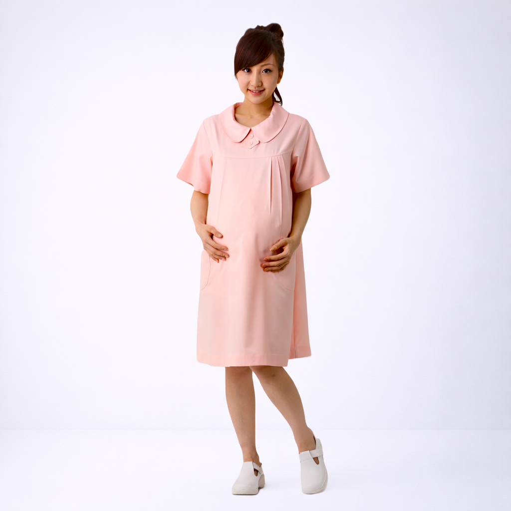 N118粉桔圓領後拉鍊孕婦裙裝