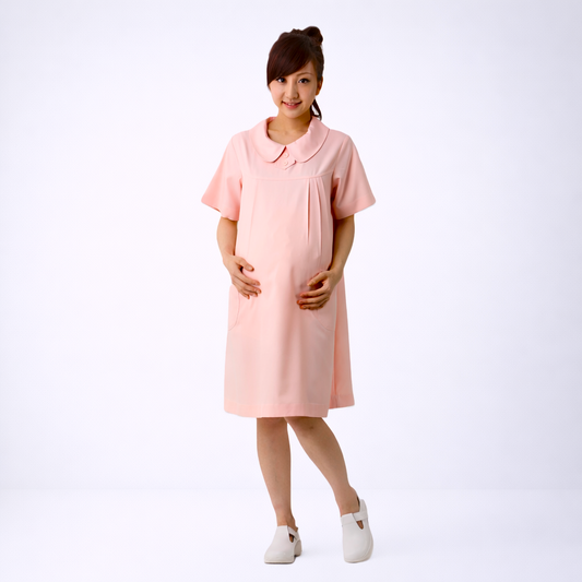 N118粉桔圓領後拉鍊孕婦裙裝