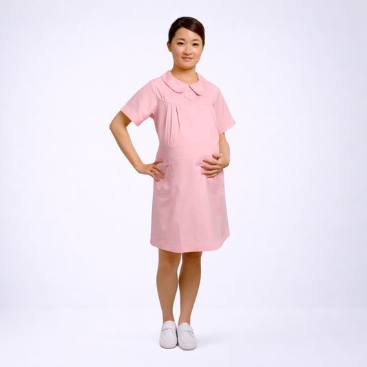 N118粉紅圓領後拉鍊孕婦裙裝