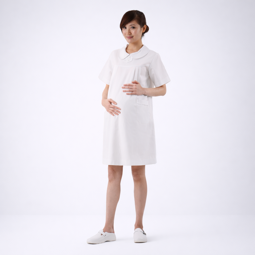 N118白色圓領後拉鍊孕婦裙裝