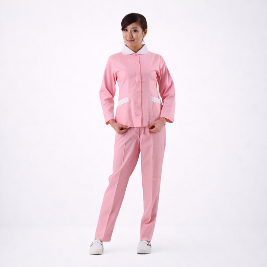 N201粉紅圓領前拉鍊護理師褲裝