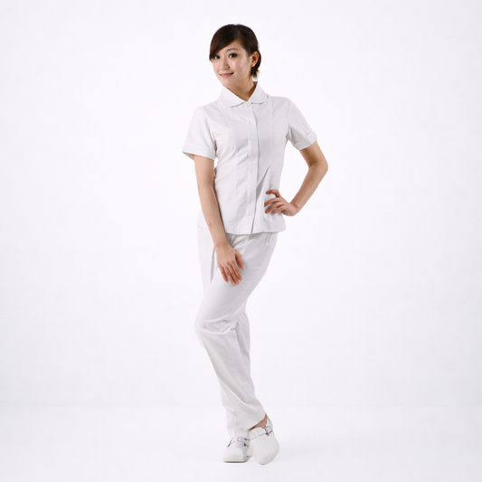 N201白色圓領前拉鍊護理師褲裝