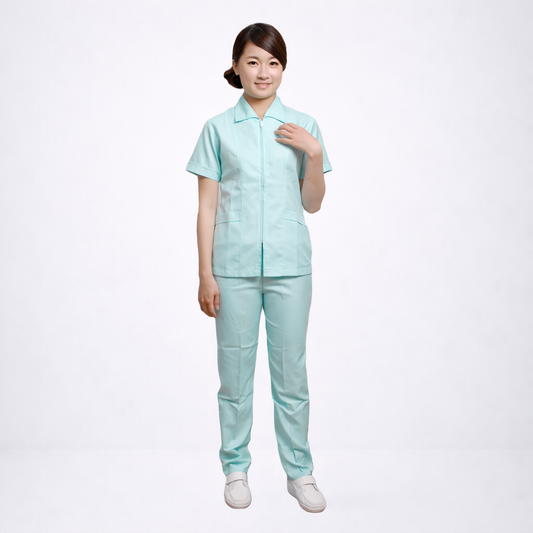 N202水青尖領前拉鍊護理師褲裝