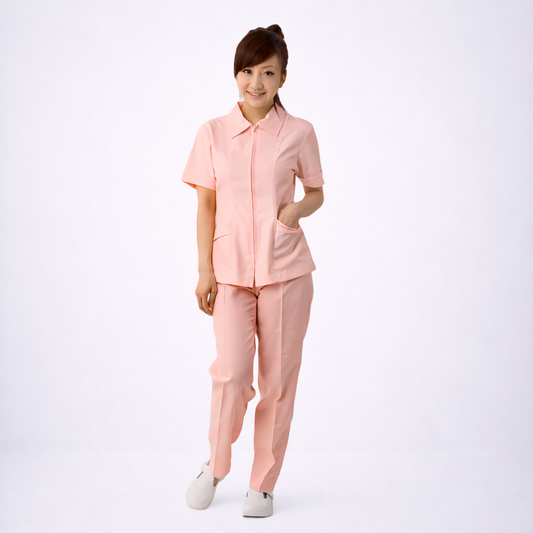 N202粉桔尖領前拉鍊護理師褲裝