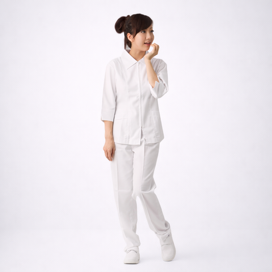 N202白色尖領前拉鍊護理師褲裝
