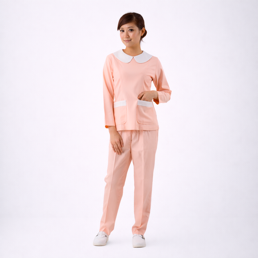 N208粉桔圓領後拉鍊護理師褲裝