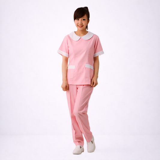N208粉紅圓領後拉鍊護理師褲裝