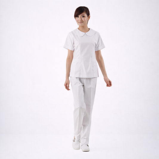 N208白色圓領後拉鍊護理師褲裝