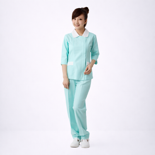 N212水青圓領側拉鍊護理師褲裝